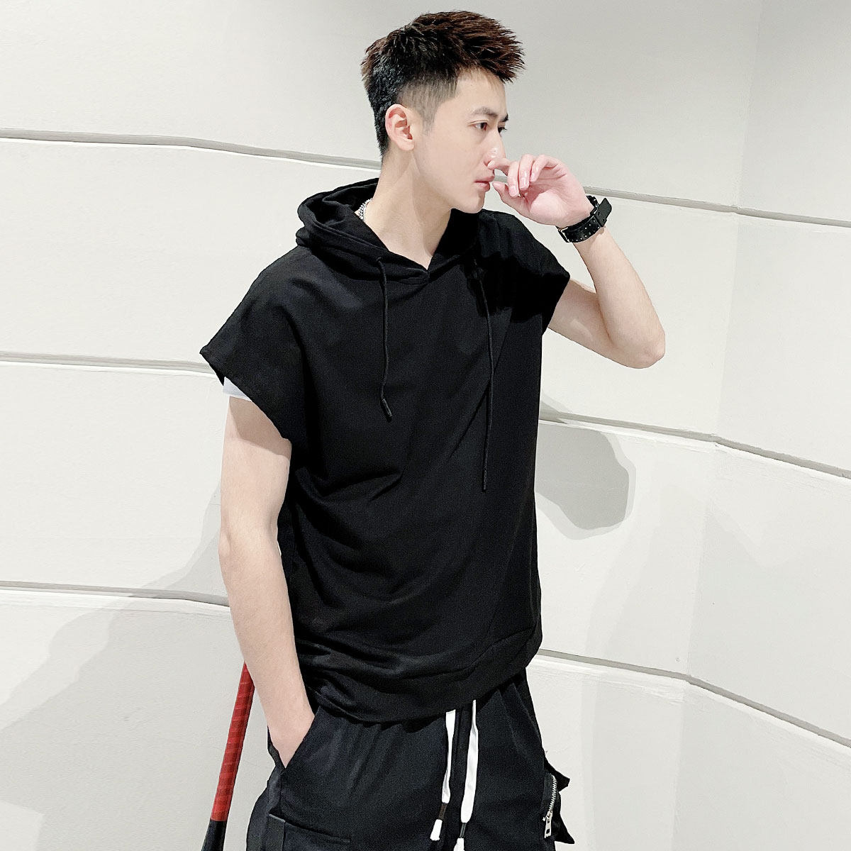 港风ins超火砍袖连帽卫衣男夏季运动休闲短袖潮牌t恤