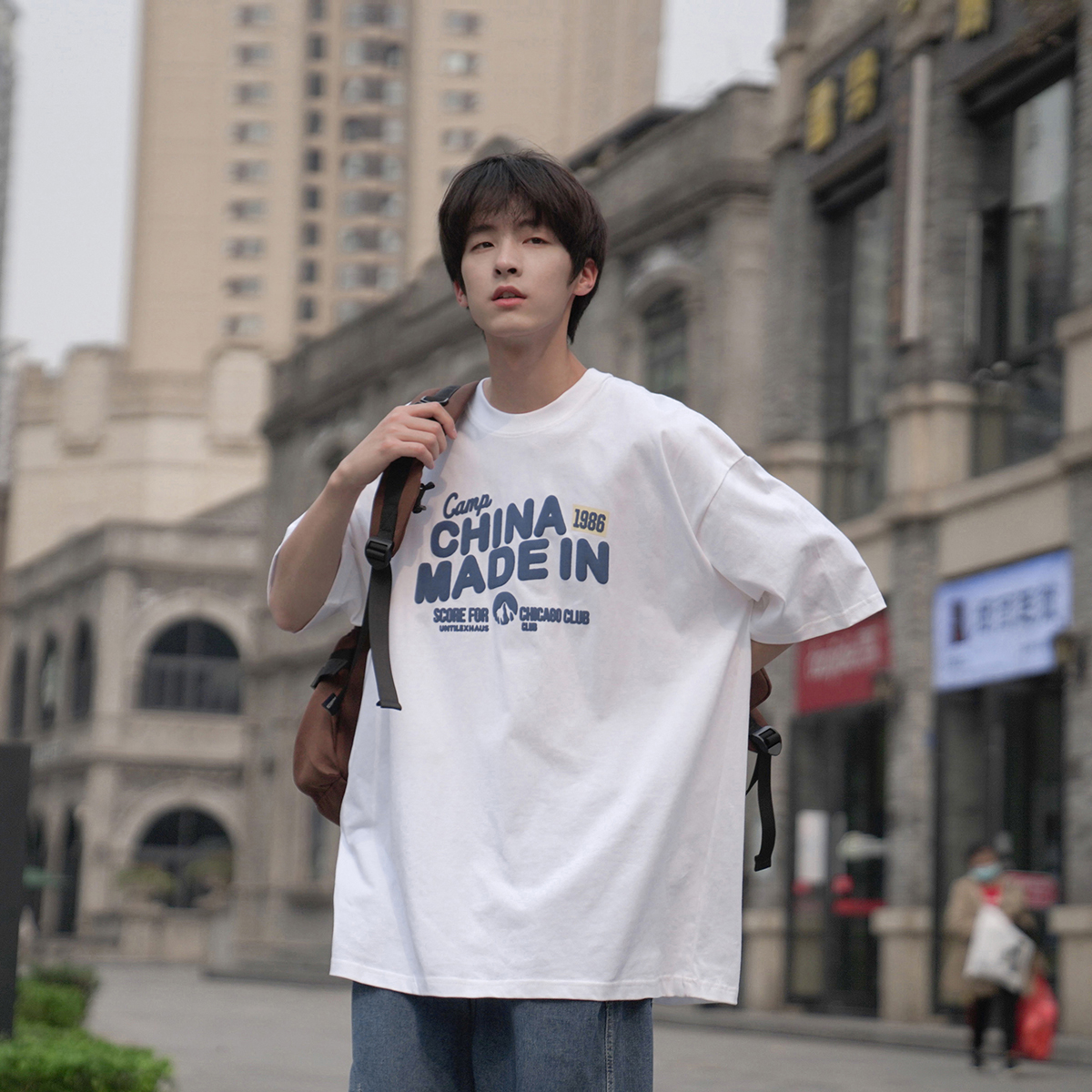 E禾子先生夏季240g男女同款短袖T恤字母发泡印花潮牌纯棉半袖衣服