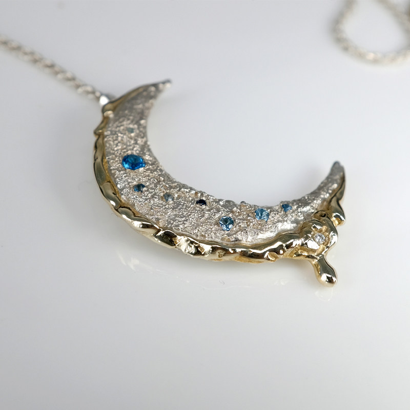 银聆原创手工星空系列纯银月亮月牙吊坠拖帕蓝宝石送女友男友