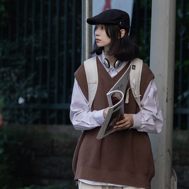 早乙女惠子saotome日系潮牌双色基础马甲毛衣宽松毛衣