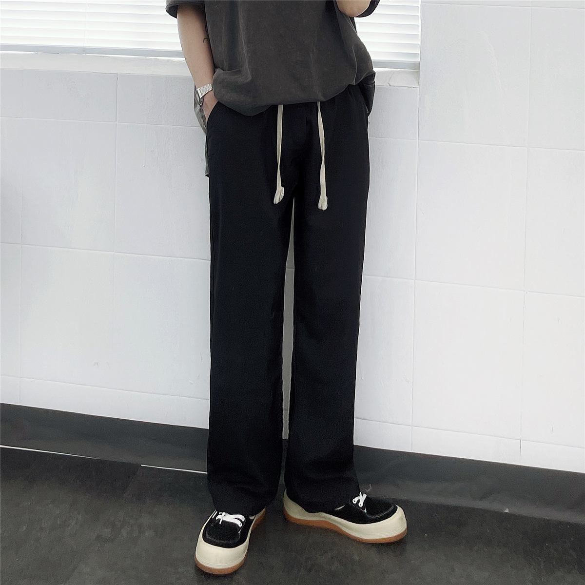 直筒裤男夏季薄款宽松休闲裤黑色垂感拖地裤韩版潮流阔腿高街裤子