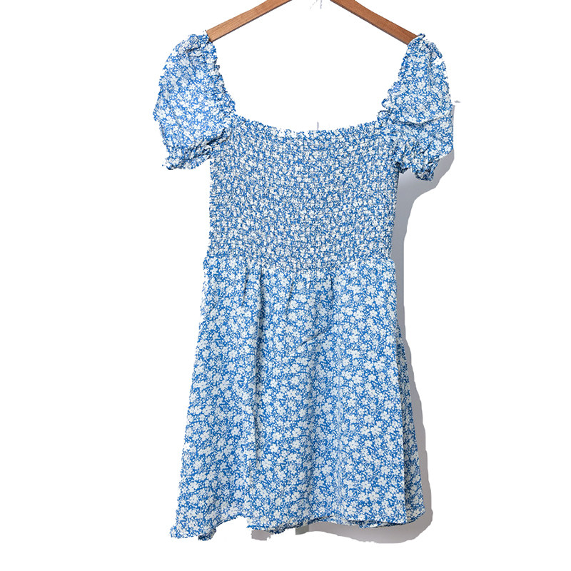 沃格美国小众rf春夏新款清新蓝白碎花印花连衣裙