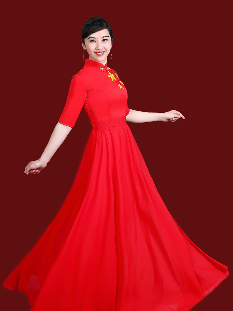 红歌合唱团演出服长裙舞台朗诵建党表演服装大合唱民族服装
