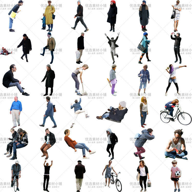 园林景观建筑设计街头行人动作效果图 psd分层png免抠人物素材图