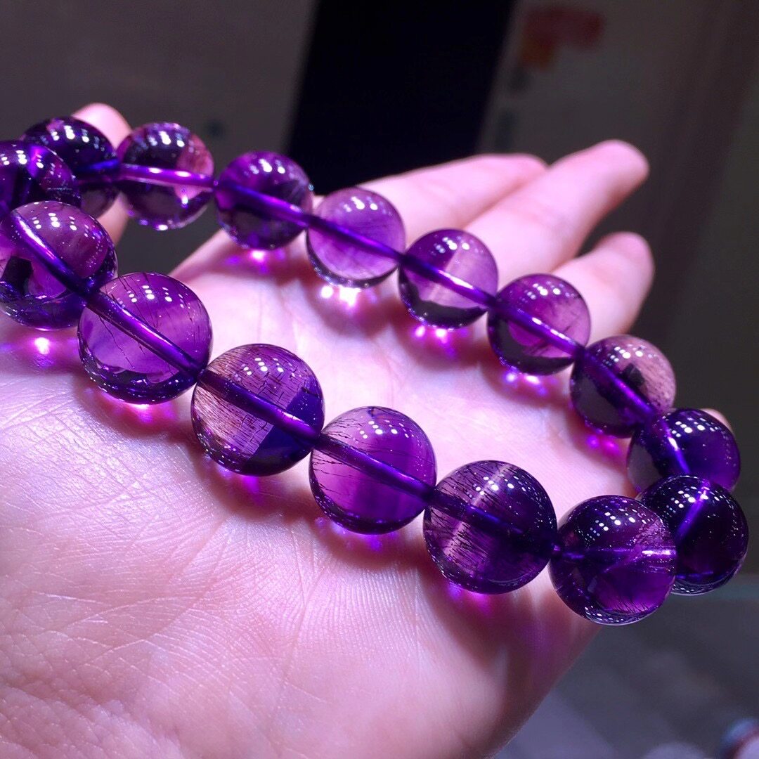 天然紫发晶超手链手串13mm三轮骨干矿物水晶手链