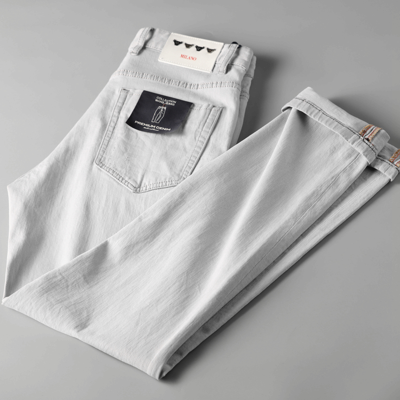 高端质感灰白色男装裤子夏季薄款弹力面料百搭男士直筒水洗牛仔裤