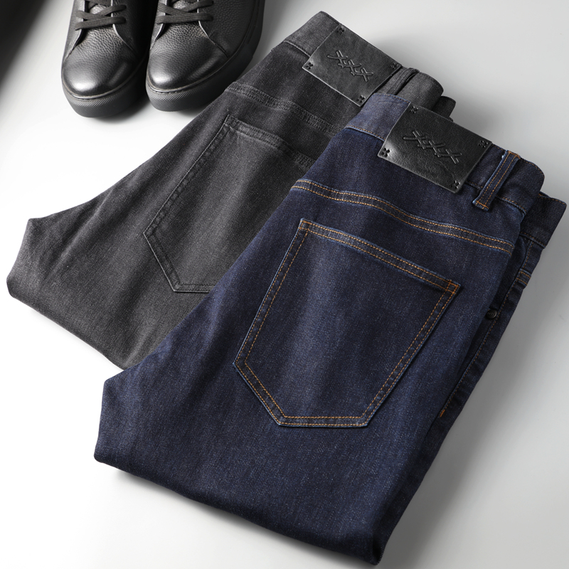 重磅の原色养牛仔裤微锥型深色休闲裤子男士修身小直筒弹力牛仔裤