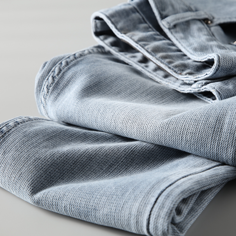 2021新款推荐の精美浅色针织牛仔裤时尚舒适男士弹力直筒修身裤子