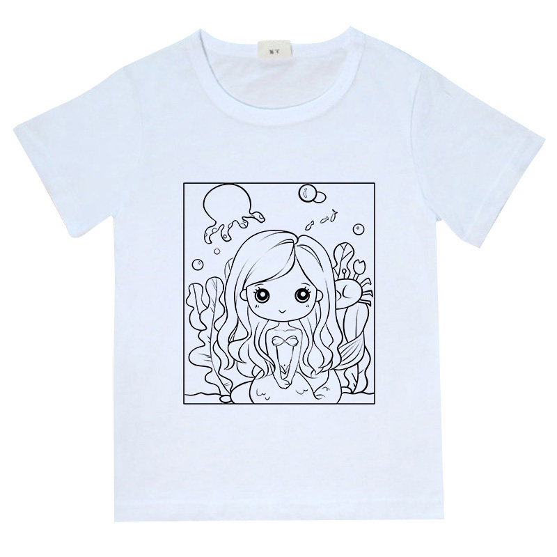 纯色白色文化衫短袖涂鸦绘画儿童diy手绘涂色白模填色