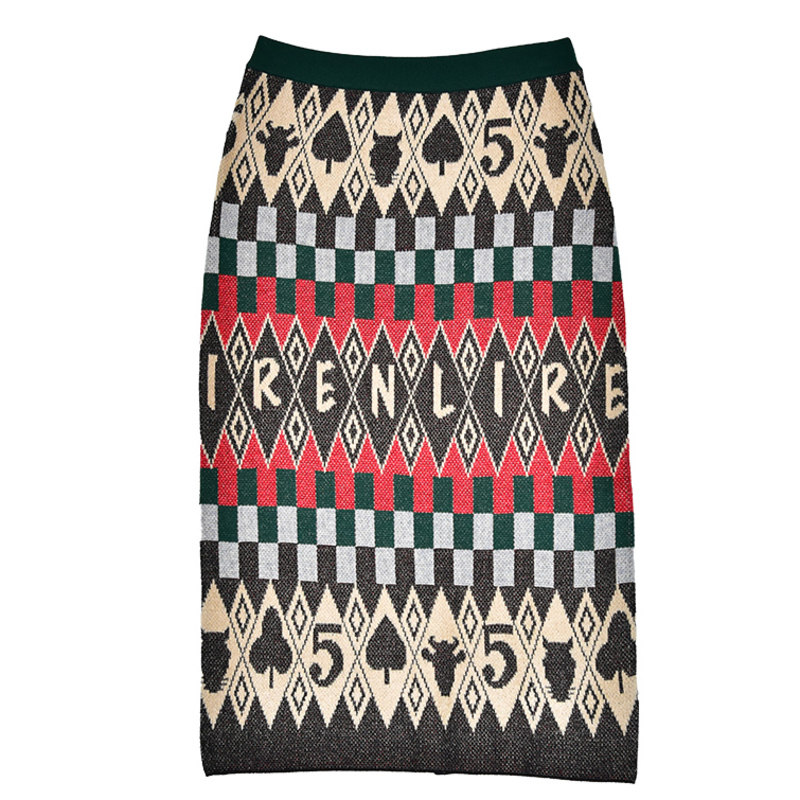 犁人坊秋冬新款复古撞色花纹半身裙女气质开衩中长款过膝包臀裙