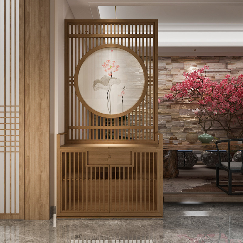 新中式简约大厅格栅镂空玄关入户进门现代客厅座屏