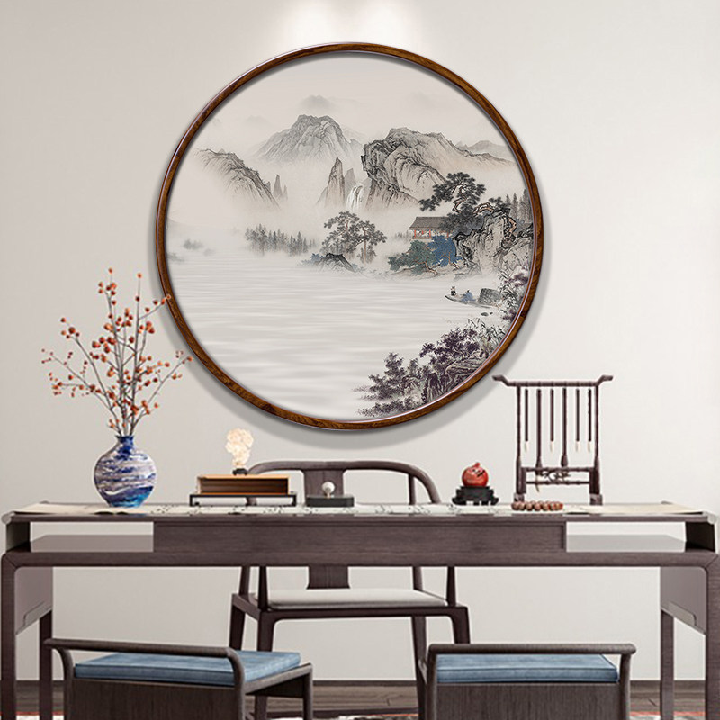山水画新中式中式圆形客厅玄关茶室禅意挂画水墨画国画