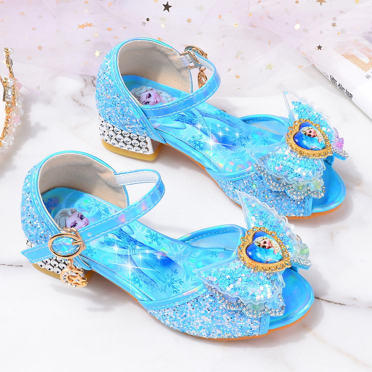 女童鱼嘴凉鞋新款冰雪奇缘缘爱艾莎公主鞋子凉鞋