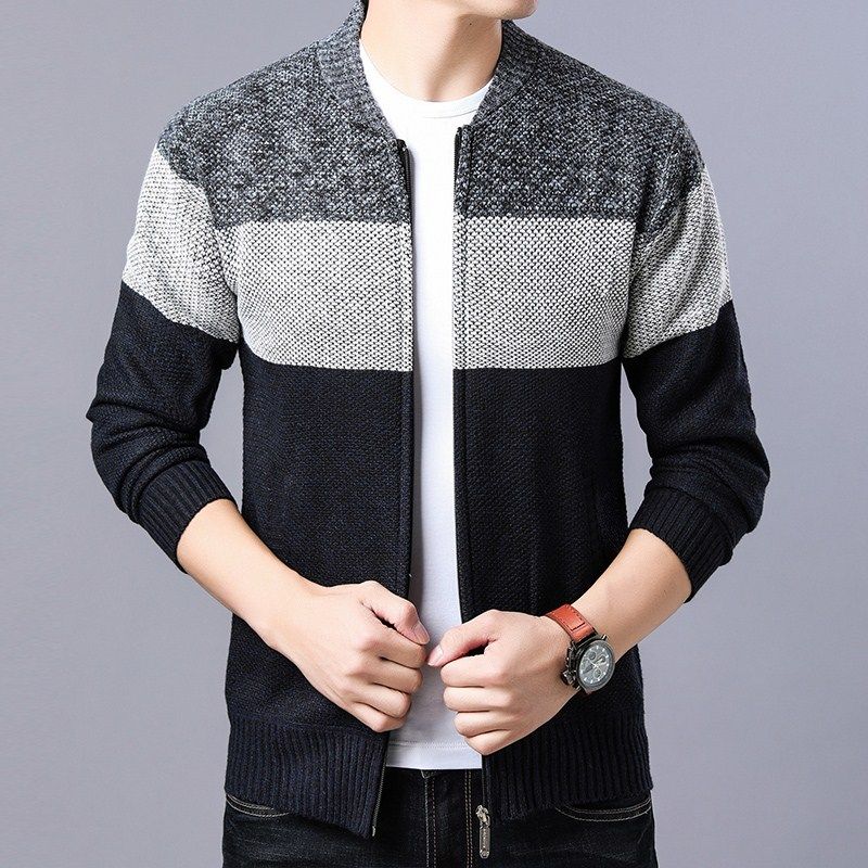 宽松毛衣开衫薄款外套男士秋季新款立领针织衫男装韩版休闲上衣服