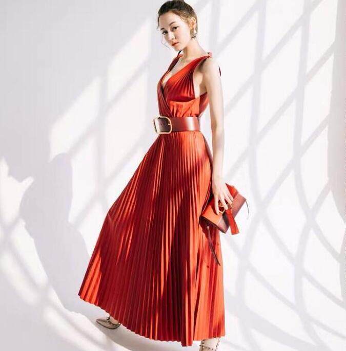 迪丽热巴明星同款红色名媛连衣裙吊带礼服长裙连衣裙