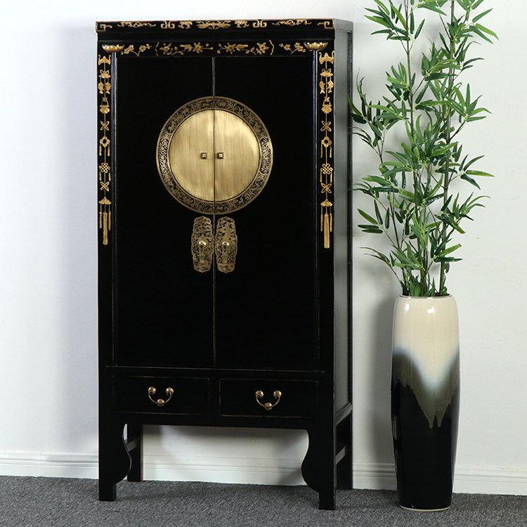 现代新中式仿古家具实木黑色描金衣帽柜素面两门衣橱储物整体衣柜