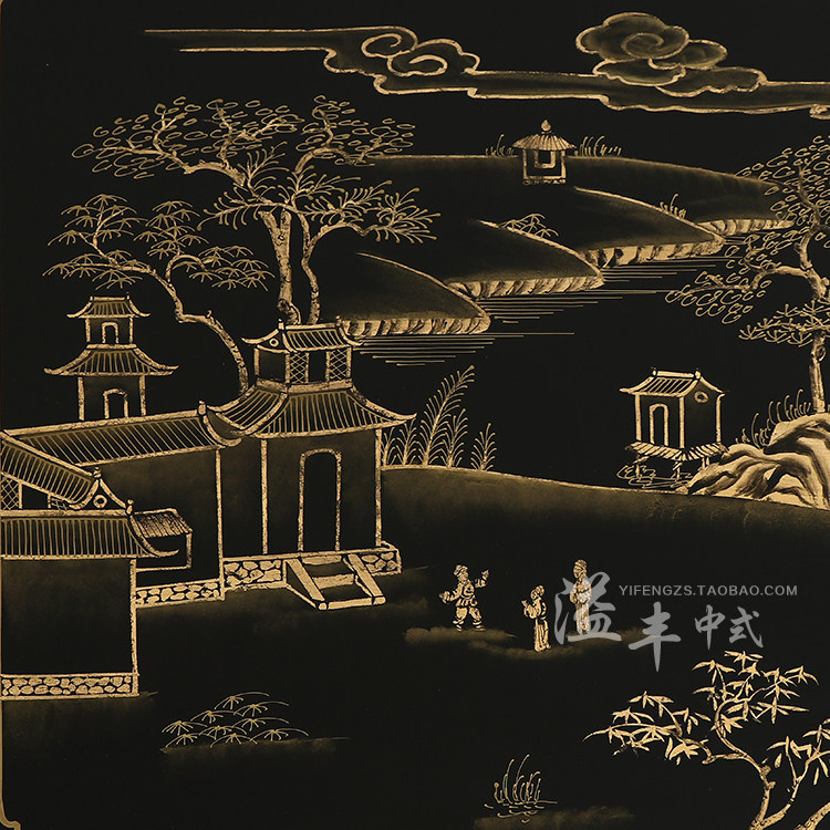 新中式茶几现代客厅大小户型茶桌黑色手绘漆器实木质茶台创意家具