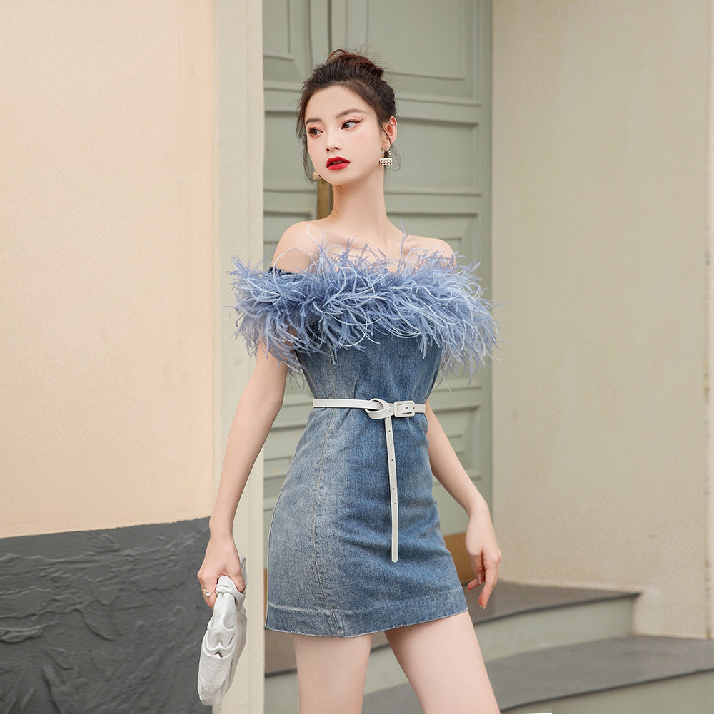 ivivian若惜家千禧辣妹重磅混色羽毛牛仔一字超短连衣裙