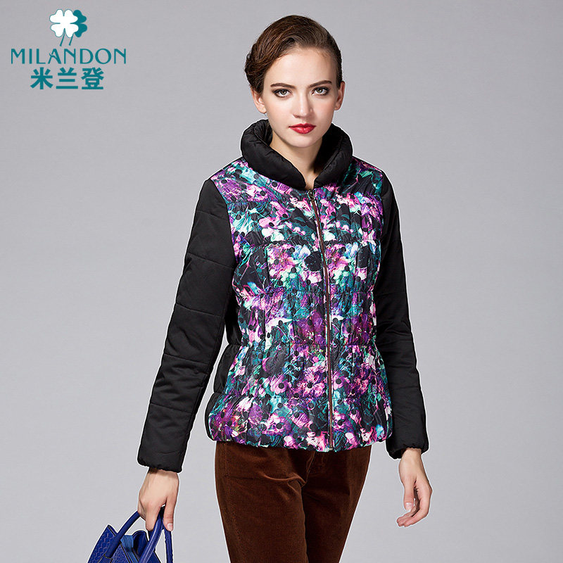 米兰登秋冬中老年棉衣短款修身显瘦妈妈时尚印花中老年女装