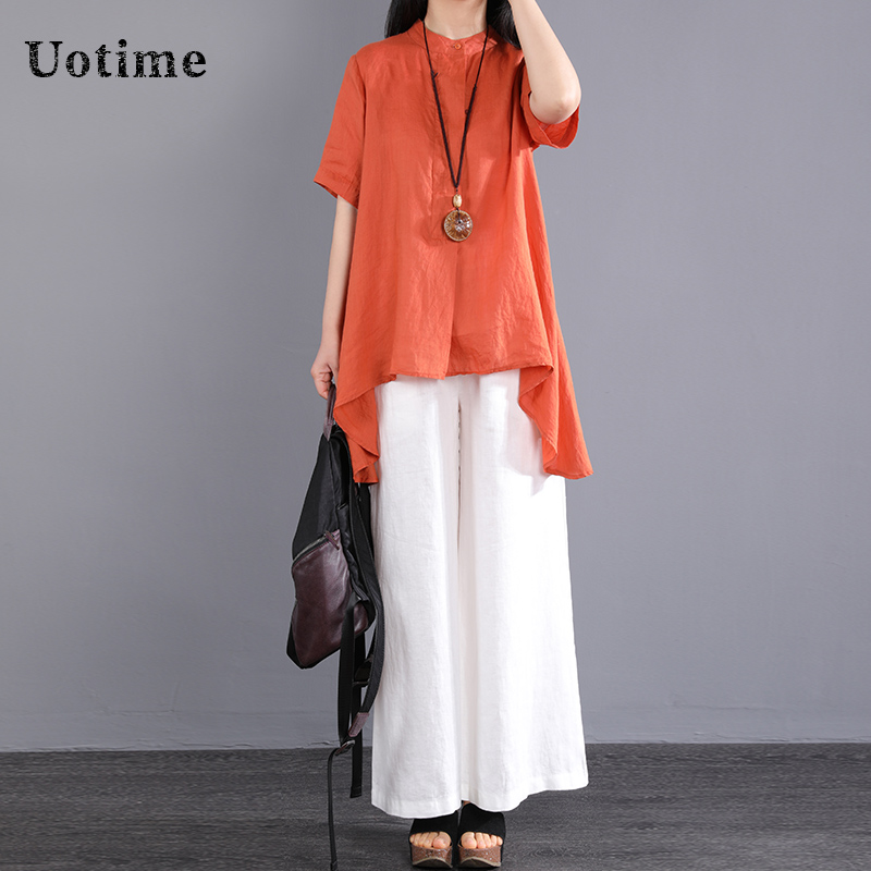Uotime棉麻套装女春夏2022新款宽松大码短袖衬衫亚麻阔腿裤两件套
