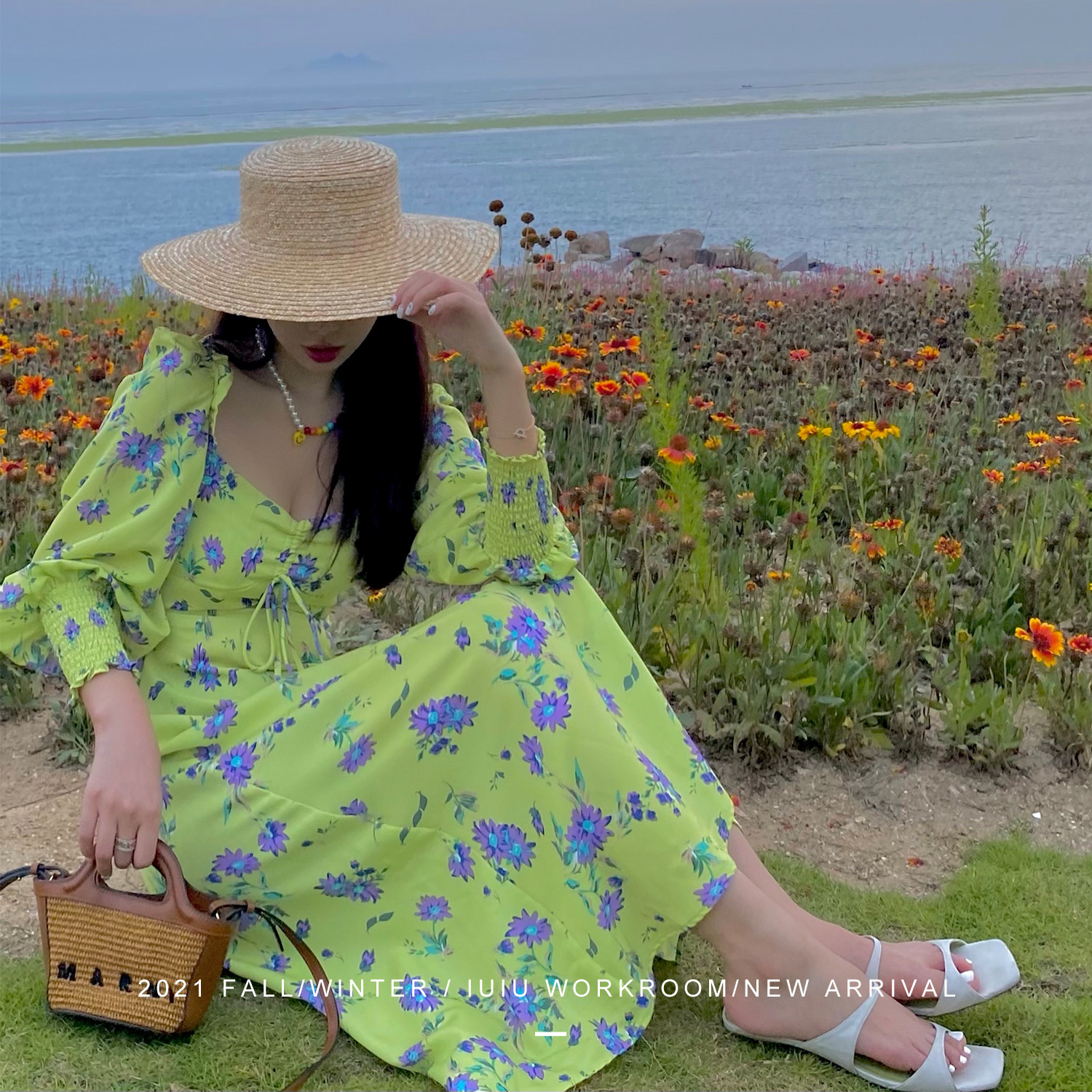 高端iuiu阿晶轻奢秋季泡泡绿色碎花连衣裙2022连衣裙