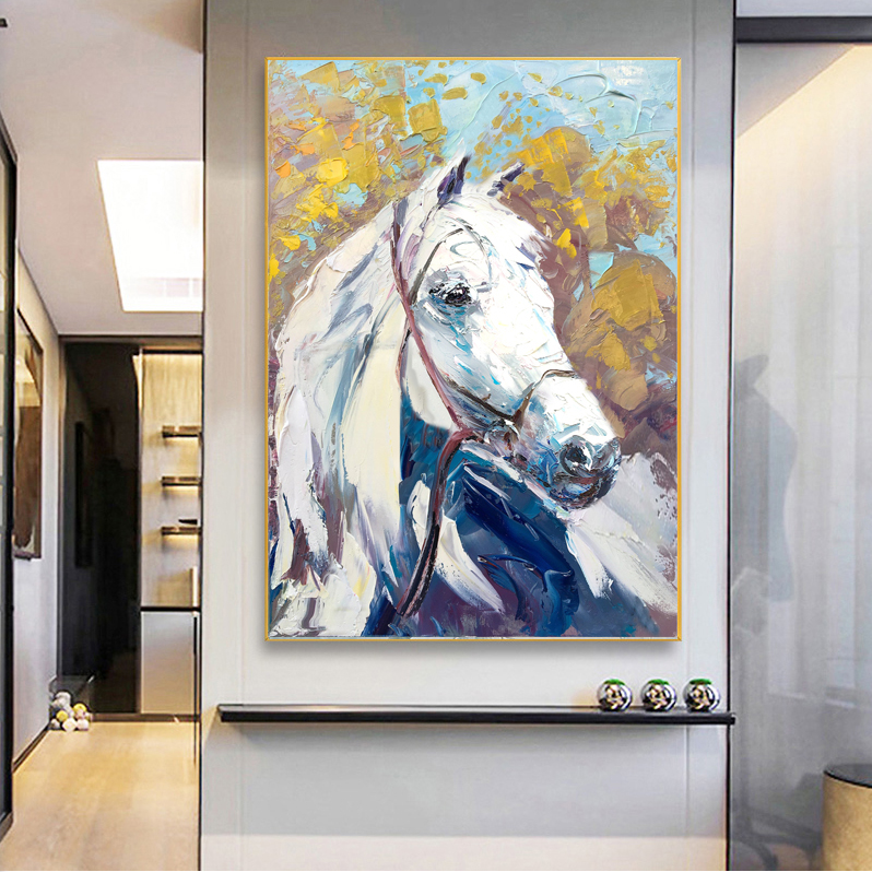 手绘装饰画壁画马壁画玄关入户竖版肌理油画色块油画