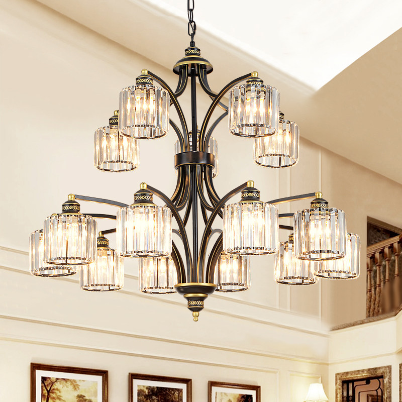 复式楼客厅大吊灯别墅美式旋转复古水晶loft挑空三层楼梯间长吊灯