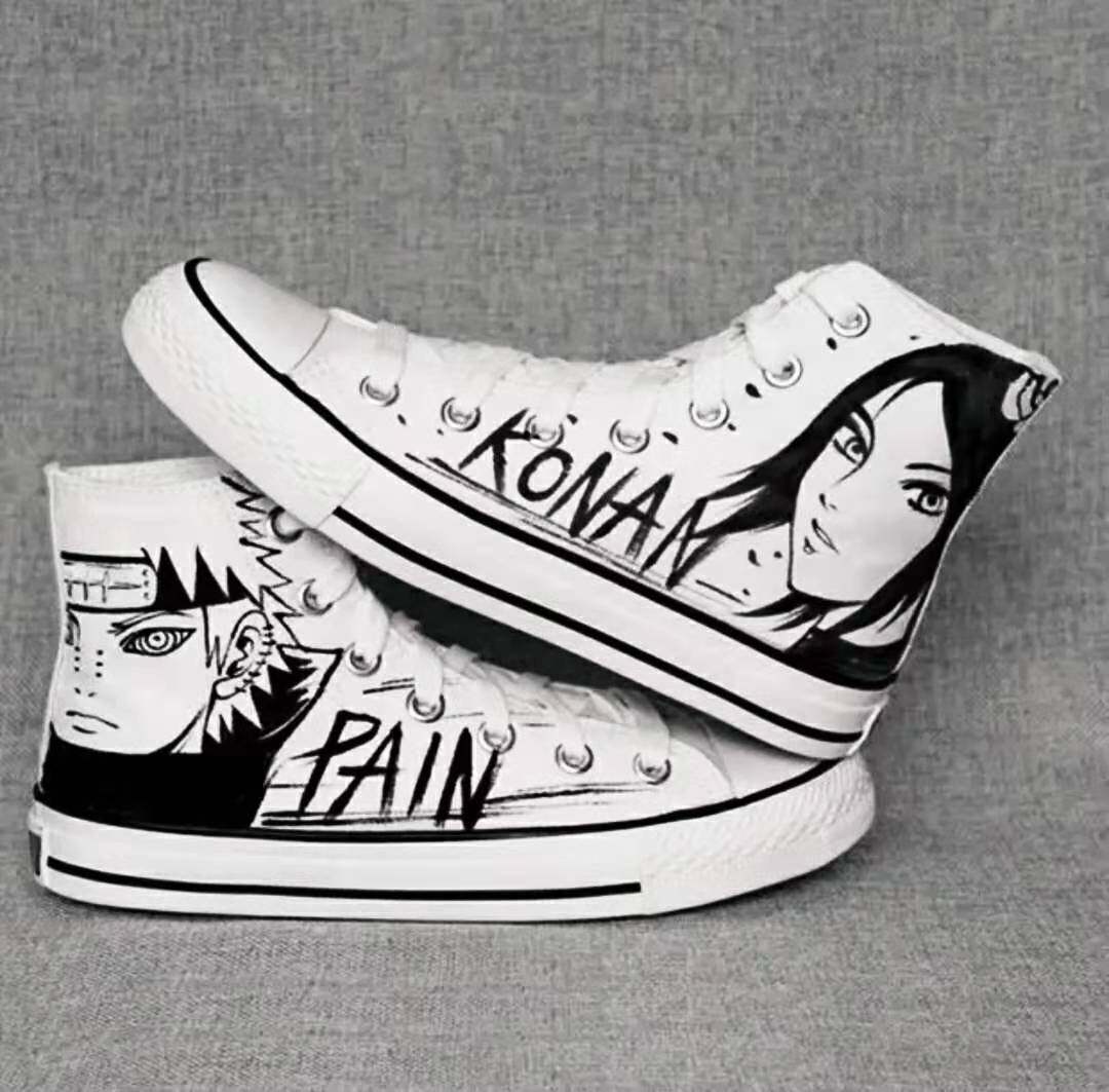 流行新款火影忍者动漫高帮帆布手绘鞋黑白色男女帆布鞋