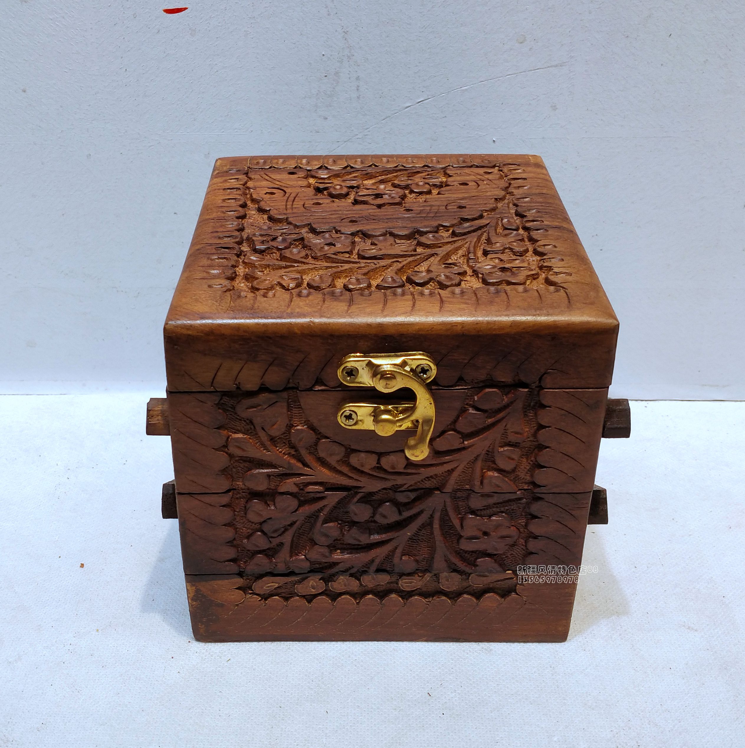 方形折叠首饰盒实木饰品仿古收纳盒珠宝盒子巴基斯坦木雕木饰品盒
