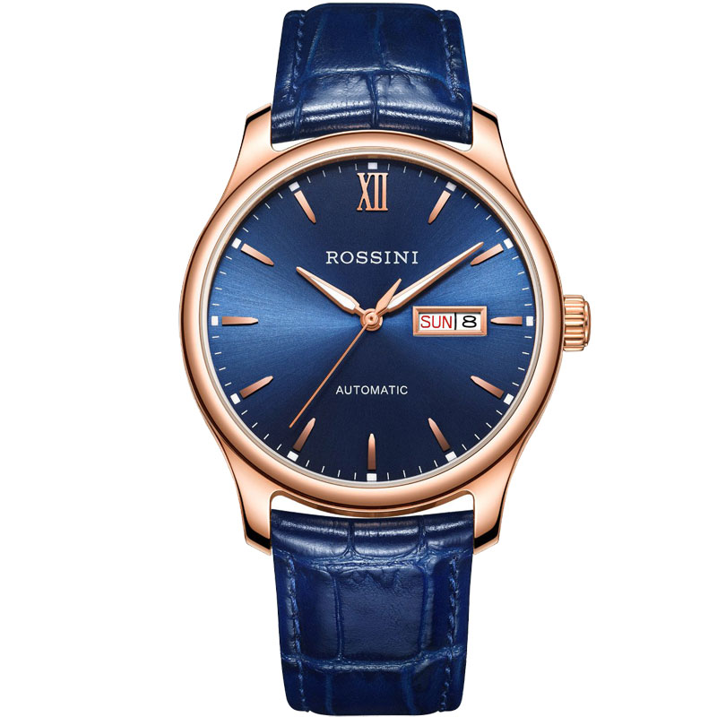 新款罗西尼真皮带自动机械表男表正品5725防水夜光双日历机械手表