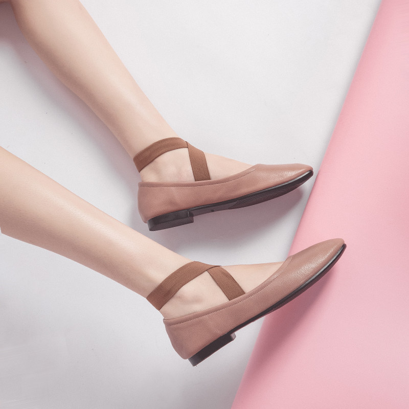 方头单鞋女2019夏款平底仙女奶奶鞋平跟交叉带复古软皮芭蕾舞鞋