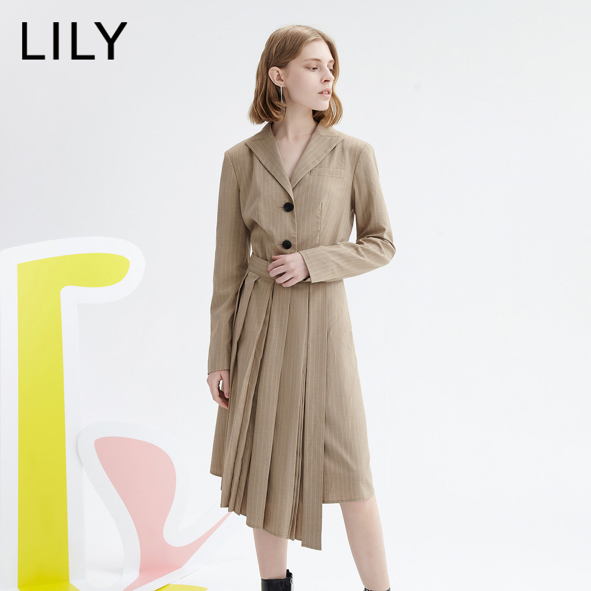 商场lily2020秋季新款女装解构不规则条纹西装连衣裙连衣裙