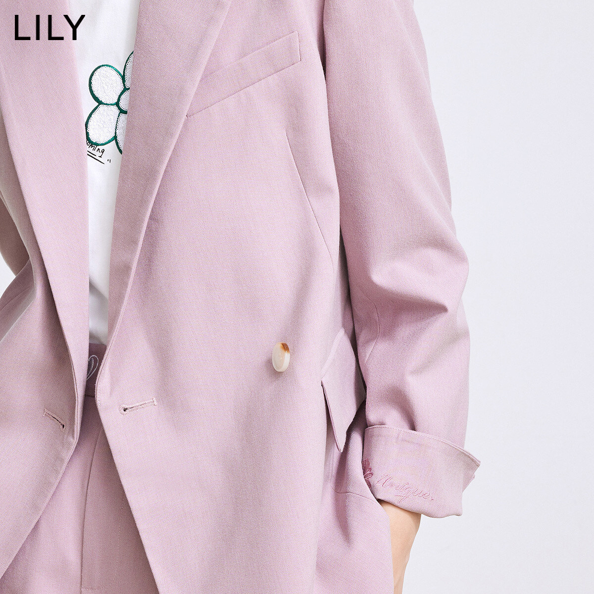 lily2022春新款女装都市商务通勤款气质纯色款斜襟宽松西装外套