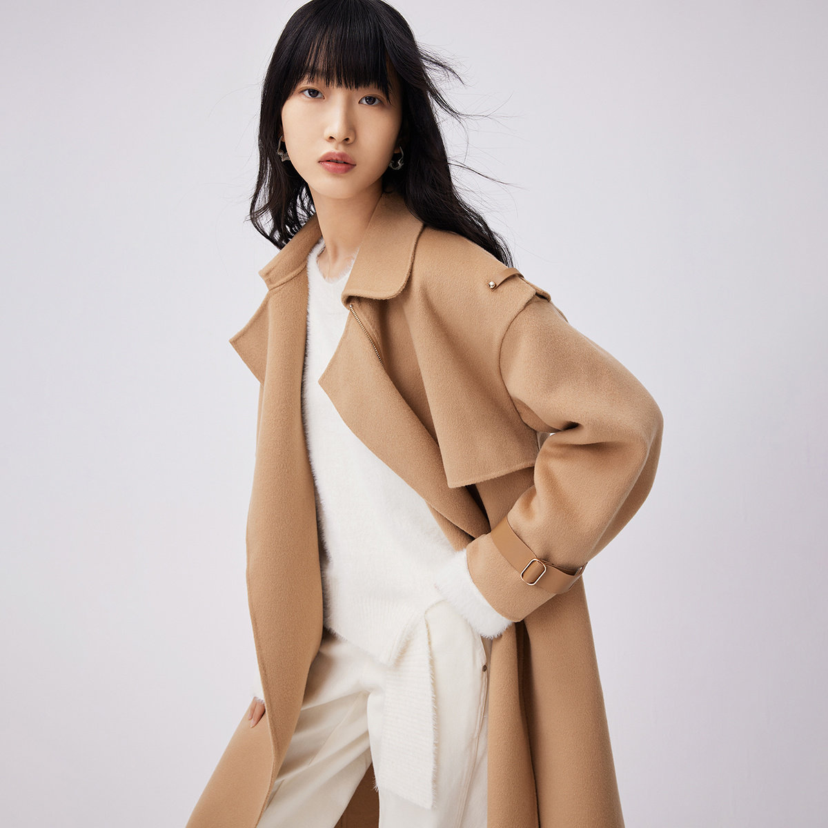 lily2021冬新款女装全绵羊毛经典款卡其色双层领两穿毛呢外套大衣