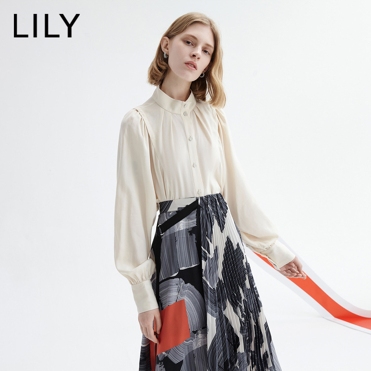 商场同款lily2020秋季新款女装莱赛赛尔抽褶泡泡衬衫