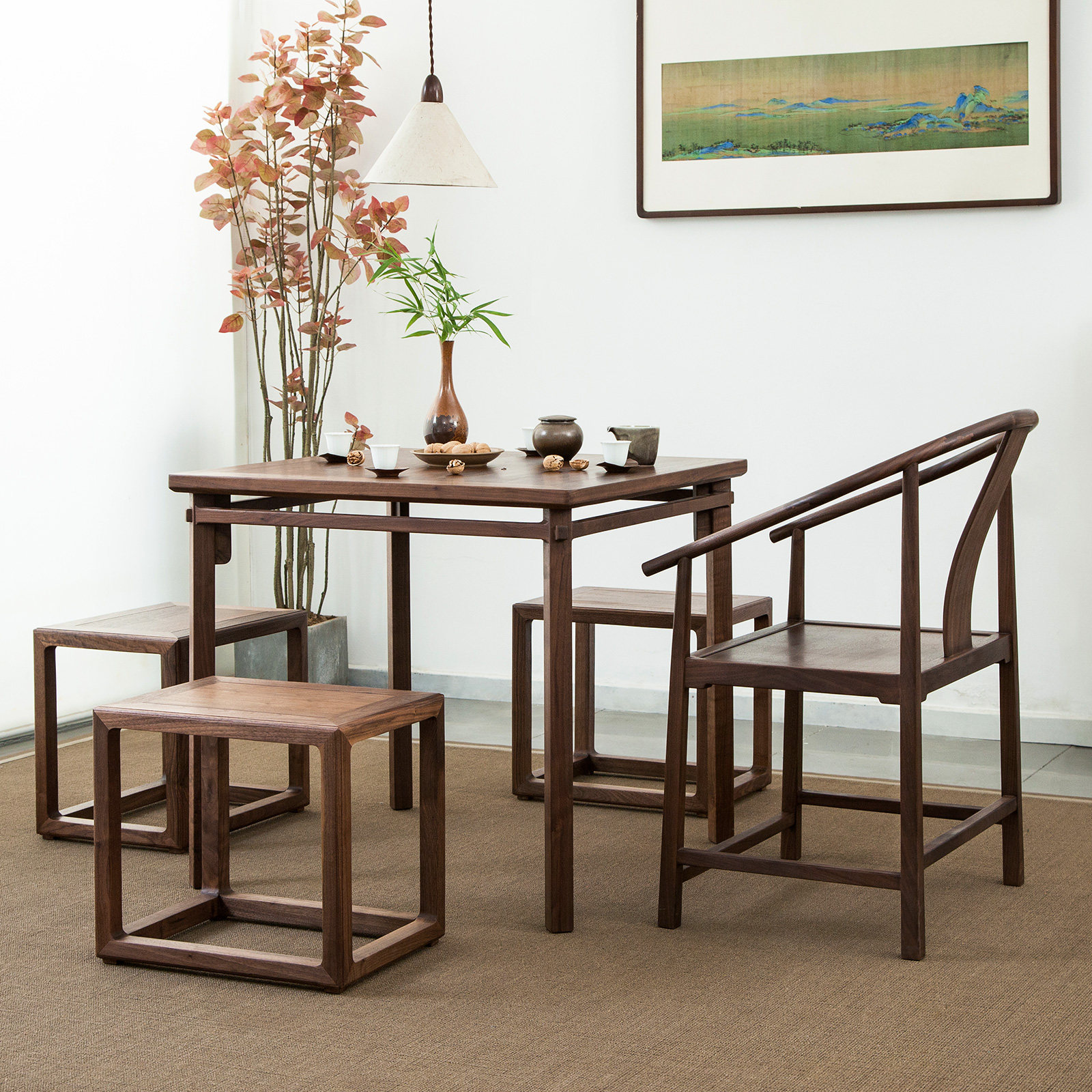 璞木现代简约桃木樱桃实木家具餐桌4人茶桌禅意餐桌