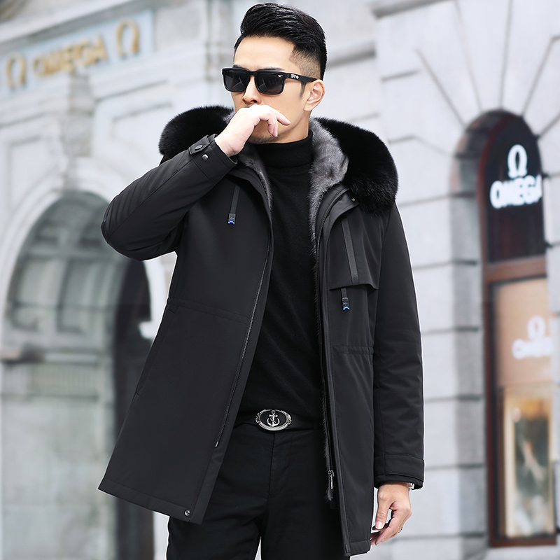皮草大衣男灰貂内胆水貂皮外套中长款冬季连帽皮毛一体尼克派克服