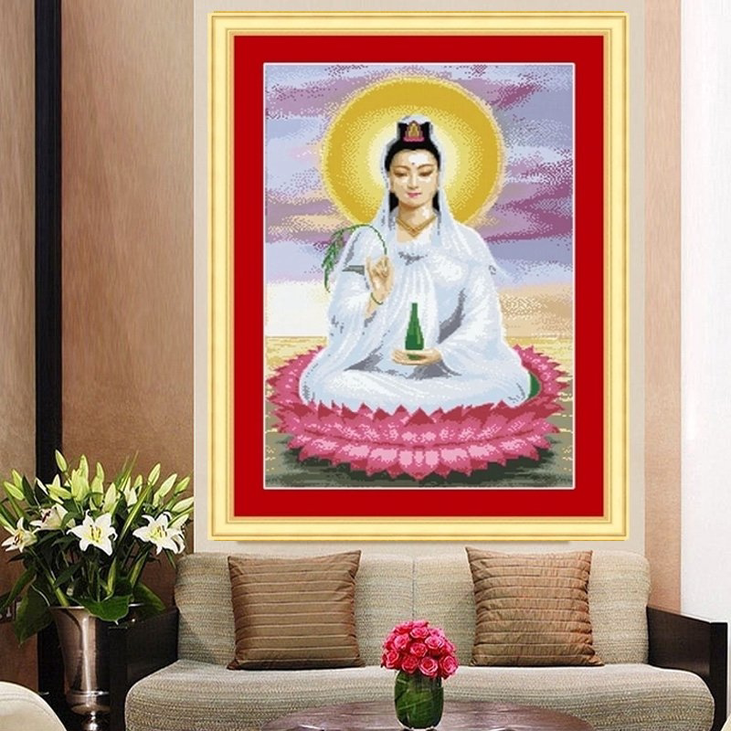 好的手工十字绣成品观音菩萨新版坐莲滴水送子十字绣成品