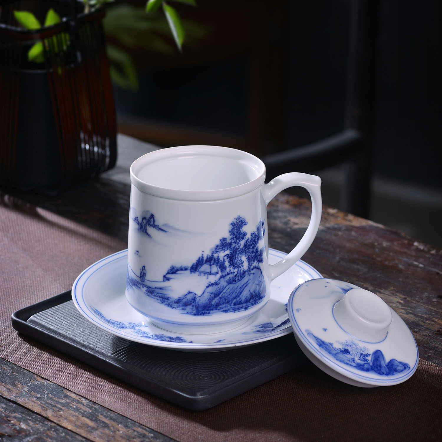 红叶金品家用陶瓷瓷杯手绘青花过滤茶水分离茶杯