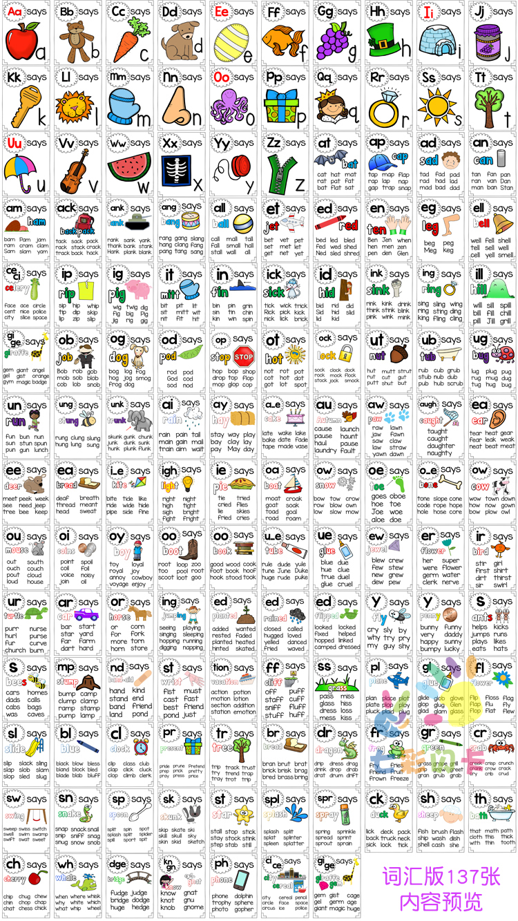 英语phonics发音规则自然拼读读法单词扩充词汇早教闪卡