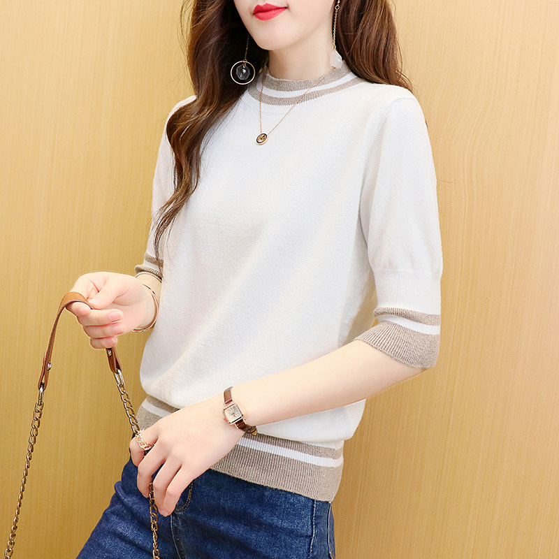 2021圆领针织半袖松显宽松上衣夏季五分恤女毛针织衫
