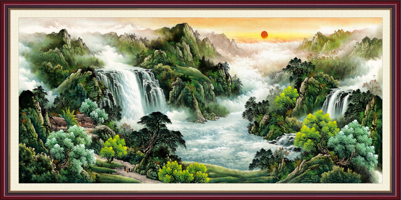 鸿运当头山水画靠山画旭日东升国画客厅背景墙壁画办公室装饰画