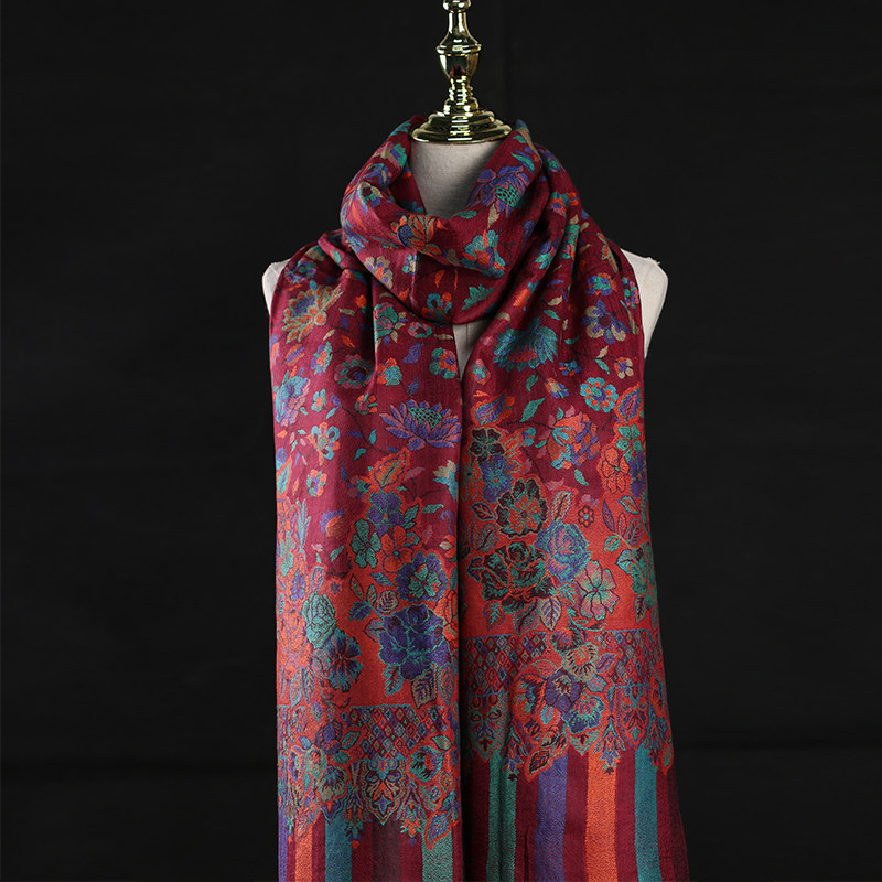 印度克什米尔山羊绒围巾卡尼披肩单面机织古董kani围巾