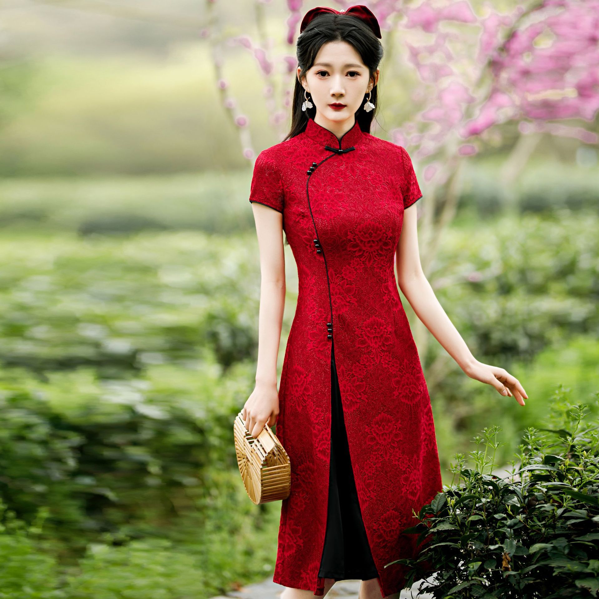 2021夏季新款高考旗开得胜龙门红色蕾丝旗袍女装旗袍