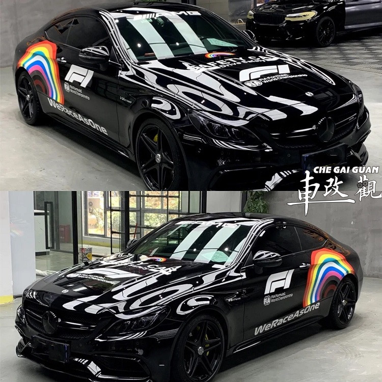 车贴奔驰c63f1安全彩虹amggtra车身侧裙拉花汽车装饰贴
