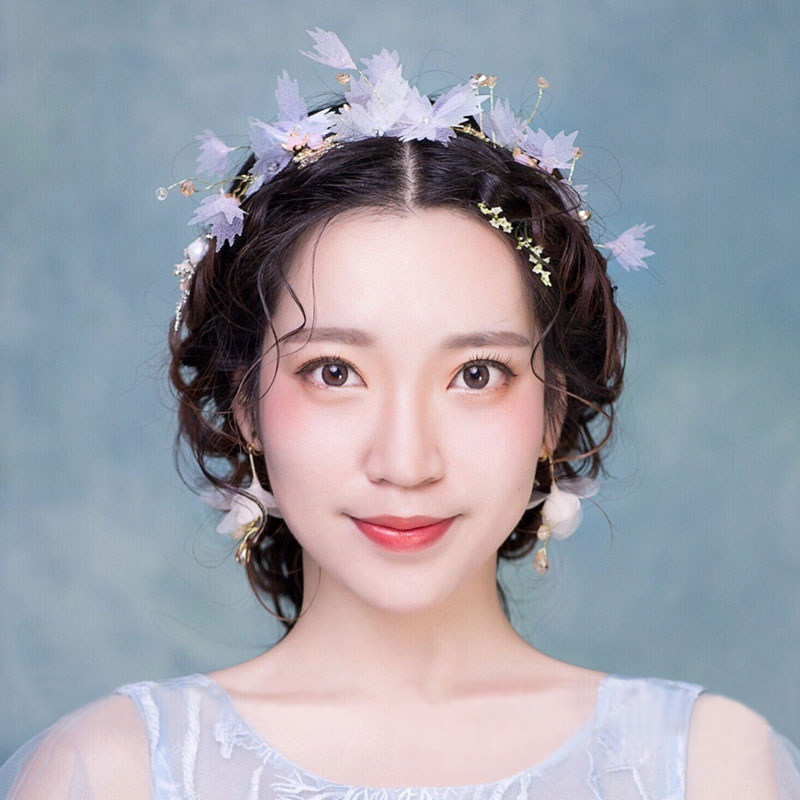 森系超仙公主手工新娘头饰白纱结婚发饰婚纱礼服配饰浅紫新娘饰品