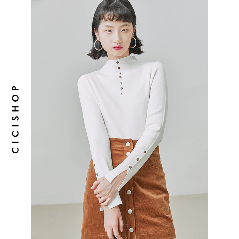 cicishop20aw女装气质简约百搭半高高领装饰扣毛针织衫毛针织衫