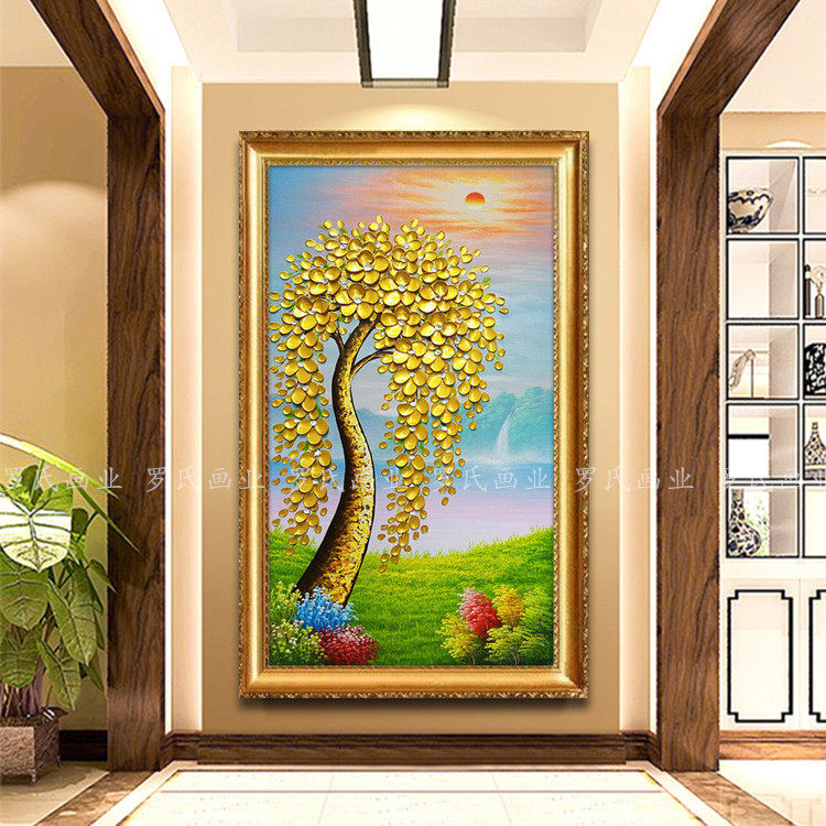发财树过道钱树金钱树挂画竖版壁画油画立体手绘油画