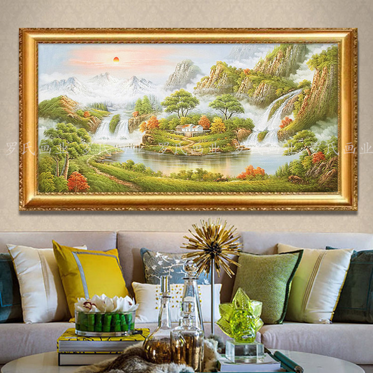 聚宝盆山水油画手绘欧式客厅风景壁画风水装饰画油画