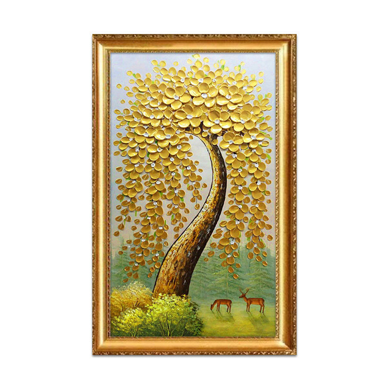 手绘立体油画发财树进门客厅过道玄关挂画欧式竖版装饰壁画金钱树